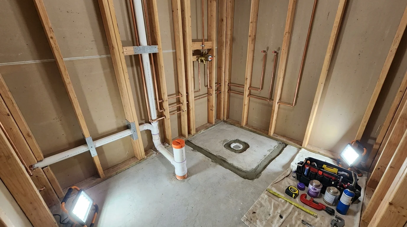Bathroom rough-in plumbing during remodel by Johns Plumbing LLC in Keyes