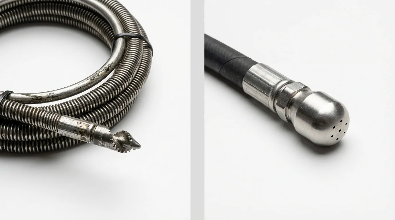 Drain snake cable and hydro jetting nozzle used for drain cleaning in Keyes, CA