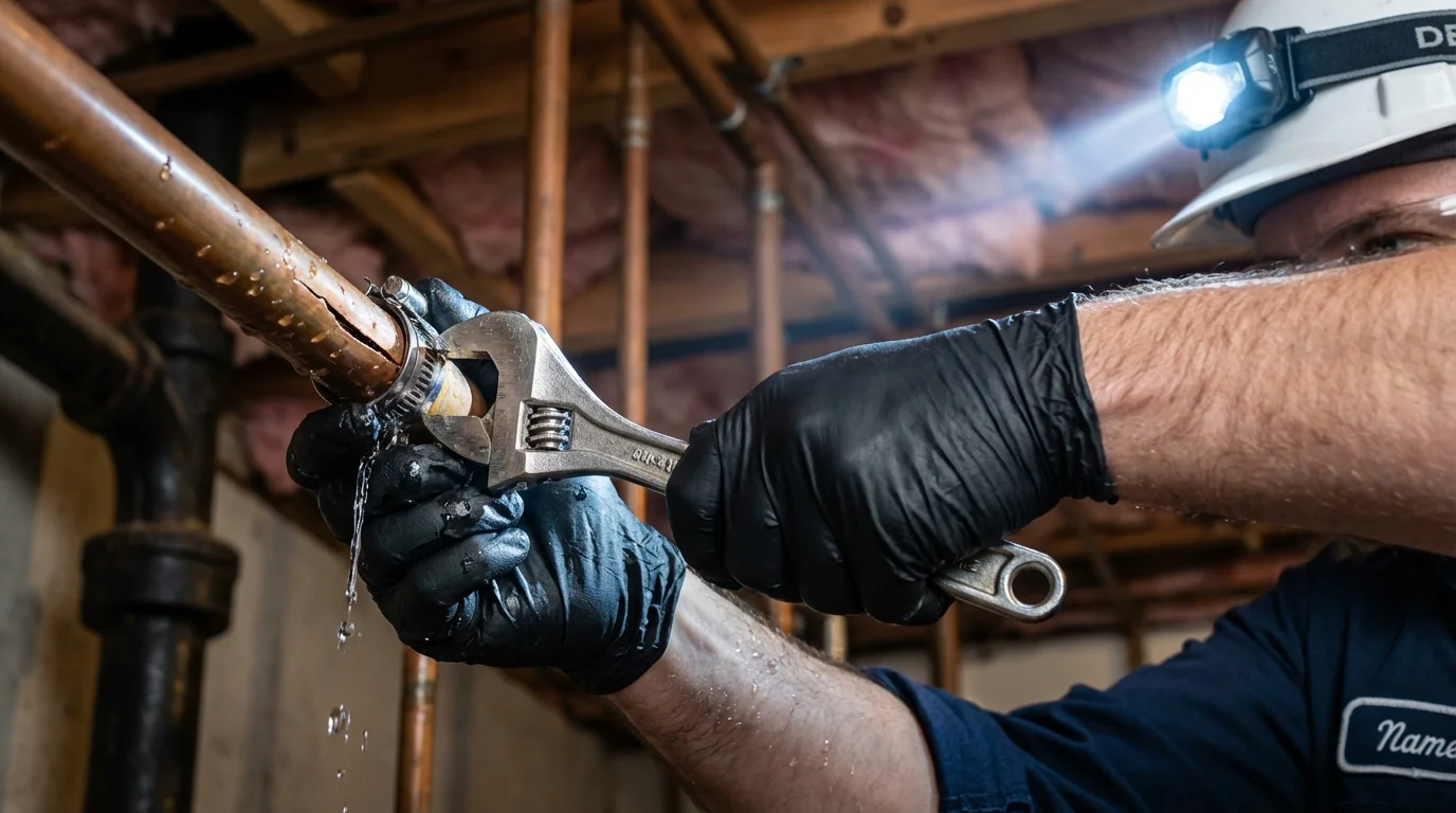 Emergency pipe clamp repair being performed by a Johns Plumbing LLC plumber in Keyes
