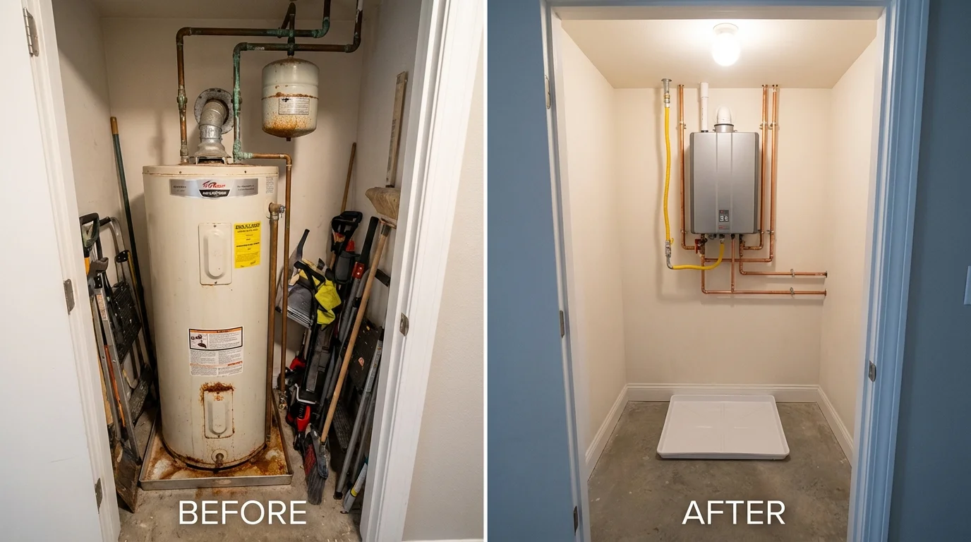 Tank water heater versus wall-mounted tankless unit comparison for Keyes, CA homeowners