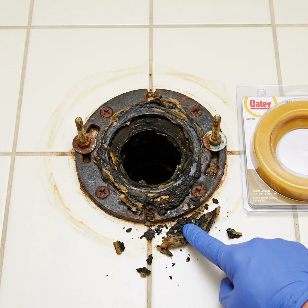Failed wax ring showing water seepage at the base of a toilet in a Keyes, CA home