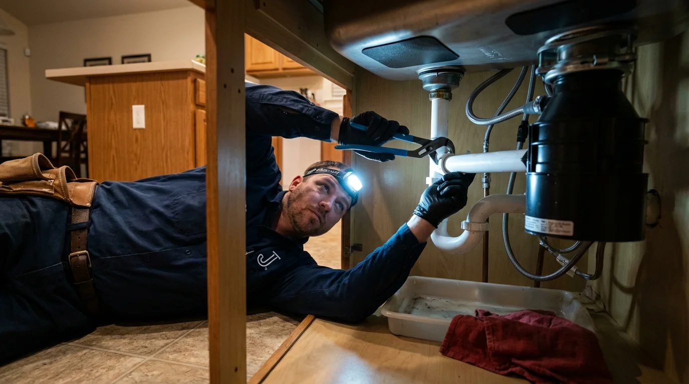 P-trap and supply line connections under a kitchen sink showing a common leak point in Keyes, CA
